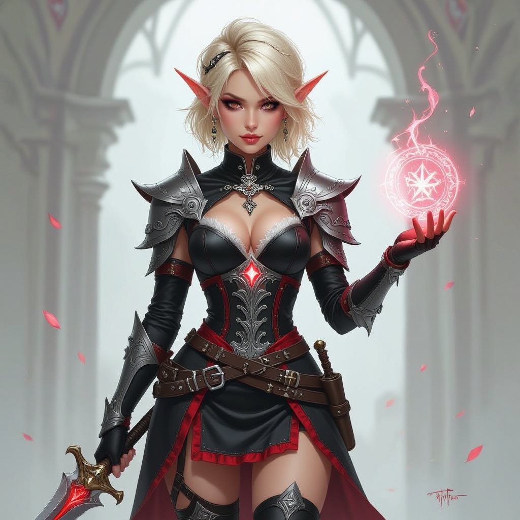 Blonde Pixie Cut High Elf Fantasy Cleric Assassin black and Red mini skirt 