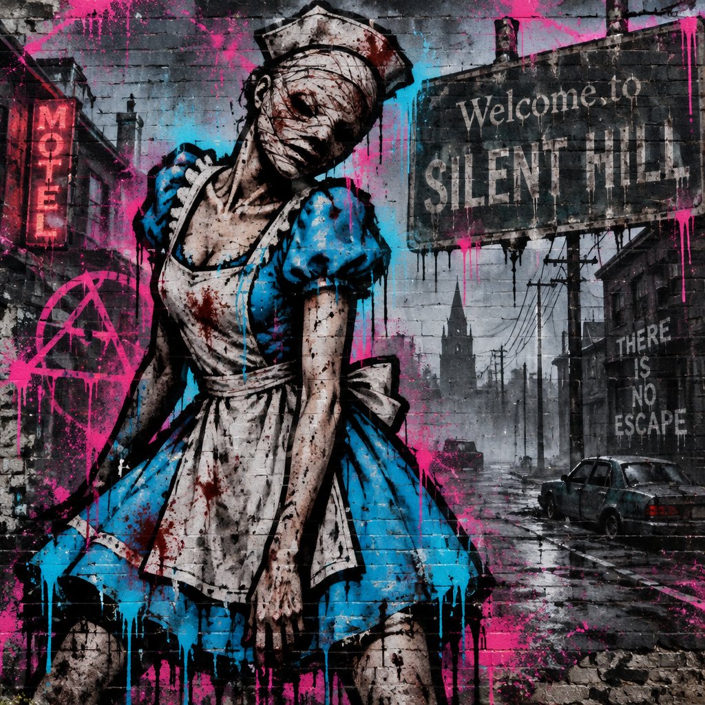 Silent hill with the nurse from the silent hill movie but in Alice’s dress from Alice in wonderland