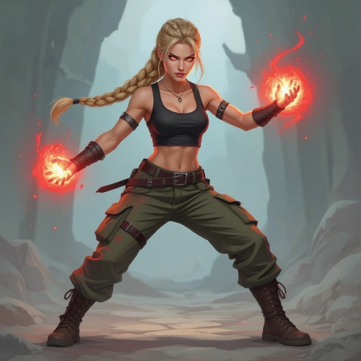 A 20 year old female with medium length blond hair half up in Viking style braids and half down, amber coloured eyes, wearing a black crop tank top and army cargo pants, wearing bluntstone shoes, in a fighting pose, both hands are glowing red with power.