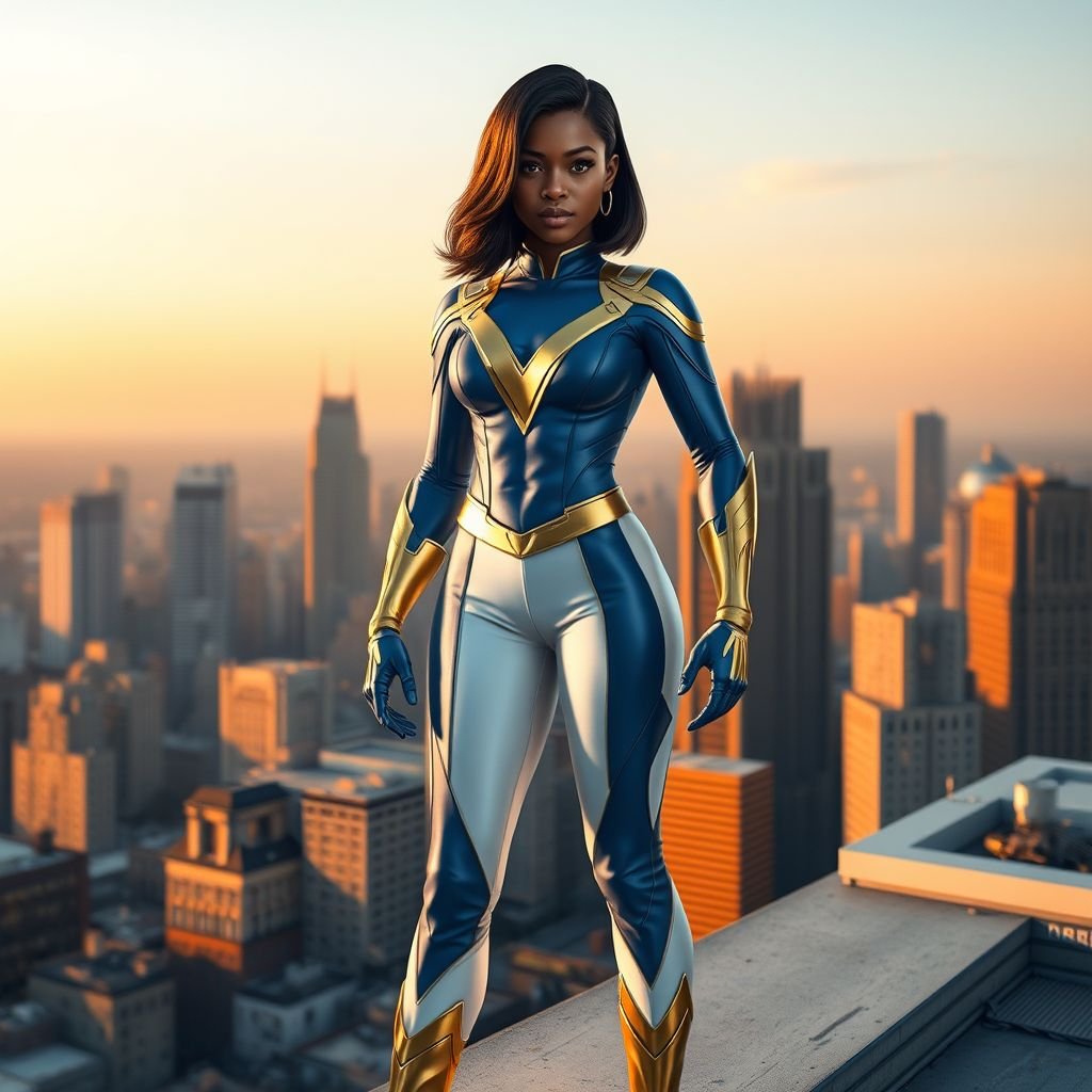 A young African American female superhero with shoulder length hair in a side part style wearing a blue and white suit made of a leather like spandex material with gold accents with white pants and gold boots with a stylized V as her chest emblem standing ona roof in a Philadelphia at dawn
