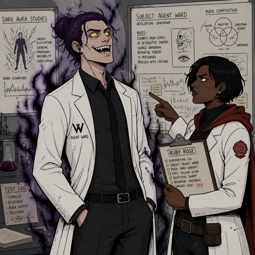 Anime style, Agent Ward a male, made in a secret lab to be best weapon and good at everything, highly skilled, be kept in check, emergency backup case he gets out of control, his hair messy bun color violet, clean shaven, yellow night vision eyes, sharp teeth, dark power energy from experiment, tired, tall, eyes sensitive to light, dangerous, intimidating, laugh like a maniac, cares about partner ruby rose she's dark skin serious plays by rules firm,them standing together ruby arguing to wards "stop being intimidating you're going to our suspect a hart attack!" Ward says "job goes faster" starts giggling, ruby warn ward " if you can't take this seriously l'll have to have you go in your room" ward sad expression says"i don't want that" ruby "ok let's do this I have somewhere to be " as a comic