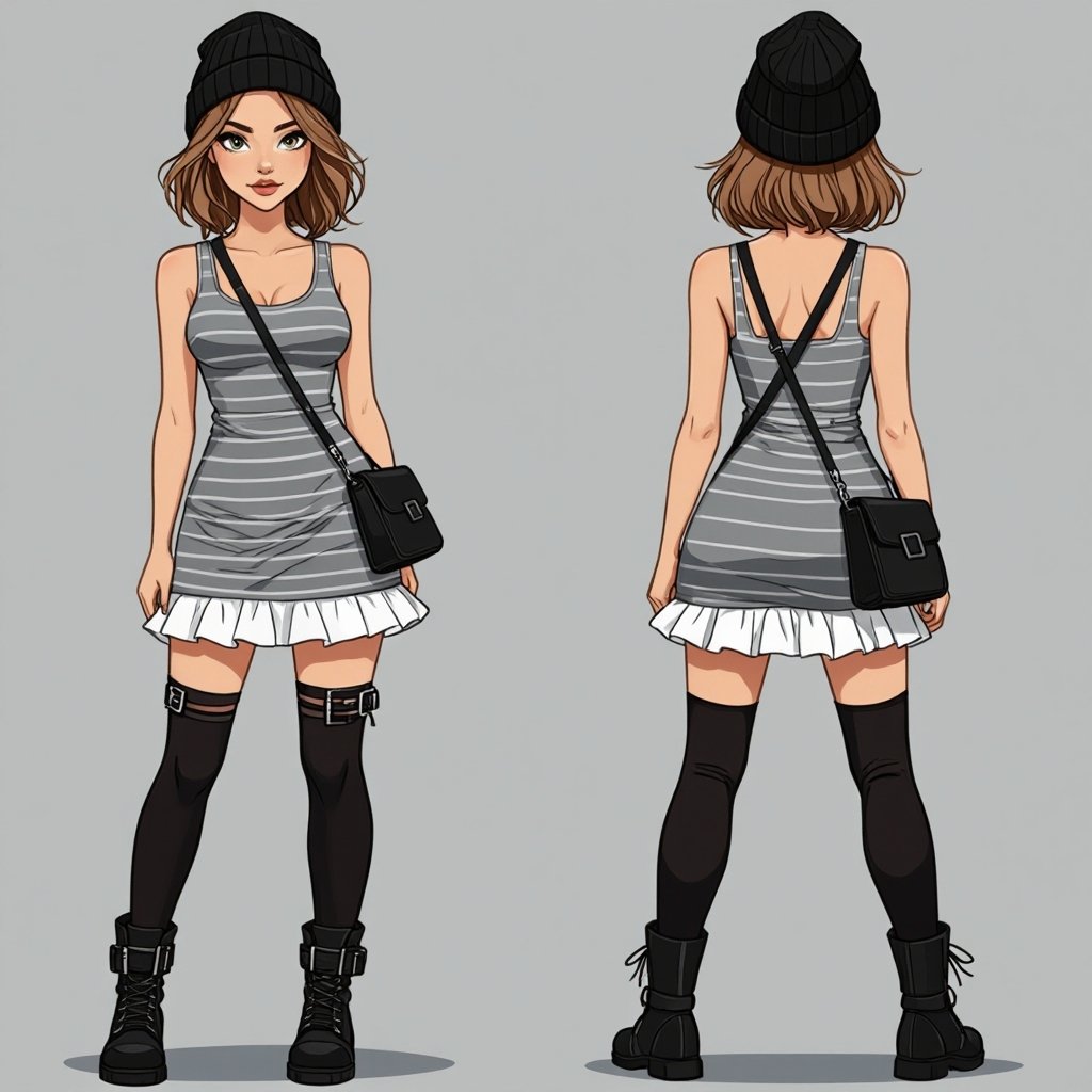 Light Brown Short Hair Babe Striped gray tank dress with white ruffled mini-skirt, thigh-high socks, chunky black buckle boots, black beanie, and cross-body bag — casual goth-punk streetwear.