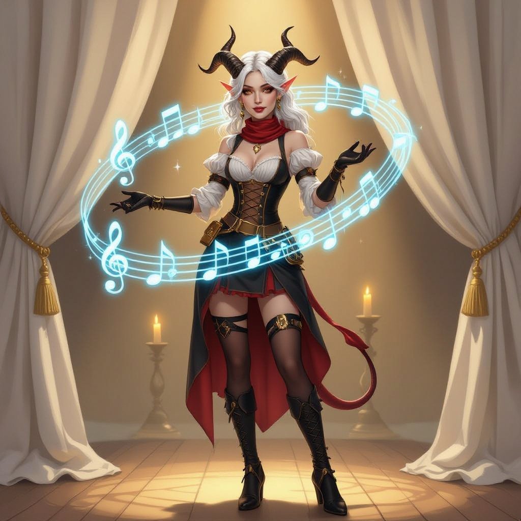 A semi-realistic fantasy portrait of Evangeline Ivey, the Fierna Tiefling Bard of the College of Glamour, captured mid-performance on her candlelit stage. She stands full-body beneath soft golden light, ivory curtains draped behind her, and glowing blue musical notes spiraling through the air as if alive with her magic. Her porcelain-pale skin (#F3EDEB) gleams in the warm light, contrasting against her long silver-white hair (#D6D6DA) cascading around her shoulders. Her amber-gold eyes (#C88C21) are wide with theatrical expression, her mouth open in mid-song or gasp. Dark brown ridged horns (#4A3A2C) curve elegantly from her brow, and her pale devil’s tail curls behind her, tipped red-and-black like an exclamation mark of performance. Outfit — “Infernal Mime” Parody Costume: • Black-and-deep-red striped bodice with suspenders and gold buckles • Short flared skirt trimmed with faint gold edge • Matching striped thigh-high stockings and long fingerless gloves • Red silk neck scarf tied neatly at her throat • Black heeled shoes and beret with her horns peeking through Scene & Lighting: Warm candlelight and soft shadows create a theatrical glow across the stage floor and her form. The air is alive with faint magical motes shaped like music notes, curling around her in shimmering blue light. Mood & Expression: Expressive, whimsical, and dramatic — a parody of classic mimes infused with bardic flair. Evangeline’s pose is mid-gesture, both hands raised as if she’s frozen between song and spell, her eyes alight with mischievous emotion and glamourous command.