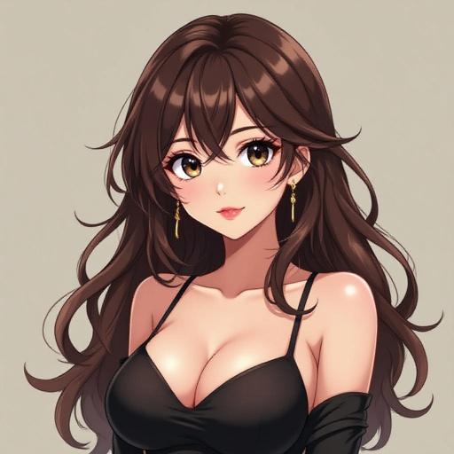 Busty Anime Woman Brown Hair Brown Eyes Tight Black Dress