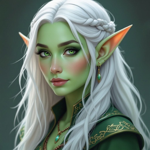 Female elf with seafoam green skin and white hair 