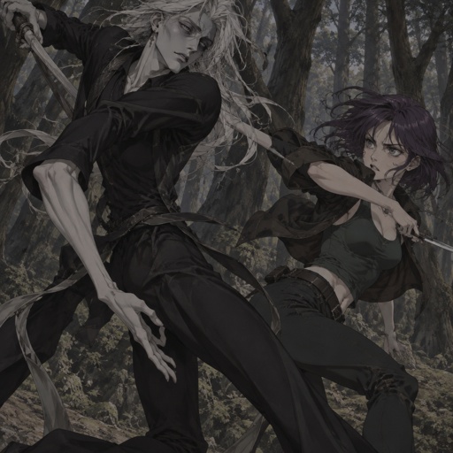 Anime style, male, name kai, highly skilled in fighting all fighting styles and weapons, long white hair half in face, dark bags,white skin,earrings, history unknown, Female, name is Beth,medium wavy dark purple hair, gray eyes, short, open jacket with a dark green shirt, she is a Bounty Hunter for hire, there fighting in the woods