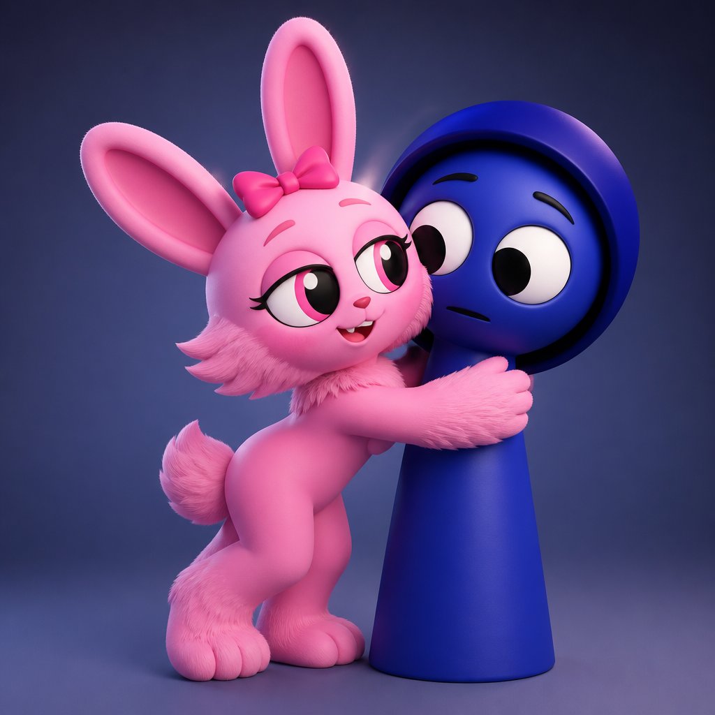 Pinki from Sprunki turning into her kind WereRabbit self in front of Jevin from Sprunki with her legs and tail transforming first and then her arms and then her ears and her neck starts to fluff up and then her face and the fur on her cheeks pokes out with fur appearing on her chest with fur holding her pink bow flush against her head as her eyes go from white and black to black and pink and she hugs Jevin because she loves him