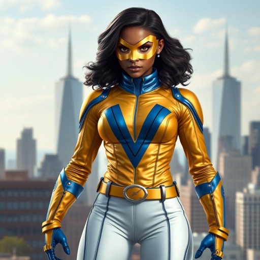 A teenage African American female superhero wearing a domino style mask with slightly curly hair in a shoulder length side part style wearing a polyester and leather gold suit with blue accents white pants and a stylized V as her chest emblem a utility belt and blue boot heel less standing in Philadelphia