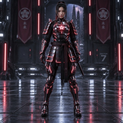 Woman in a futuristic samurai armor. Show whole body.