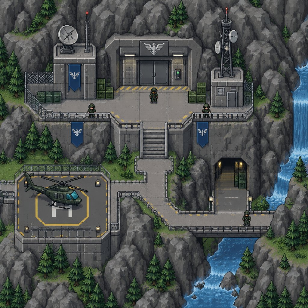 Exterior Spy facility on the side of a mountain for a fantasy game set in modern times, top-down style