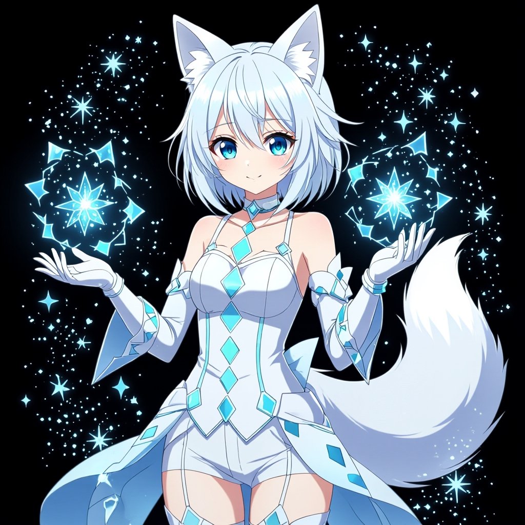 A pale teenage girl. Aqua green eyes wearing a white top and trousers with light blue diamonds. Short white hair with a singular snow fox tail and two ears. Wears long gloves and boots conducting ice with a black background