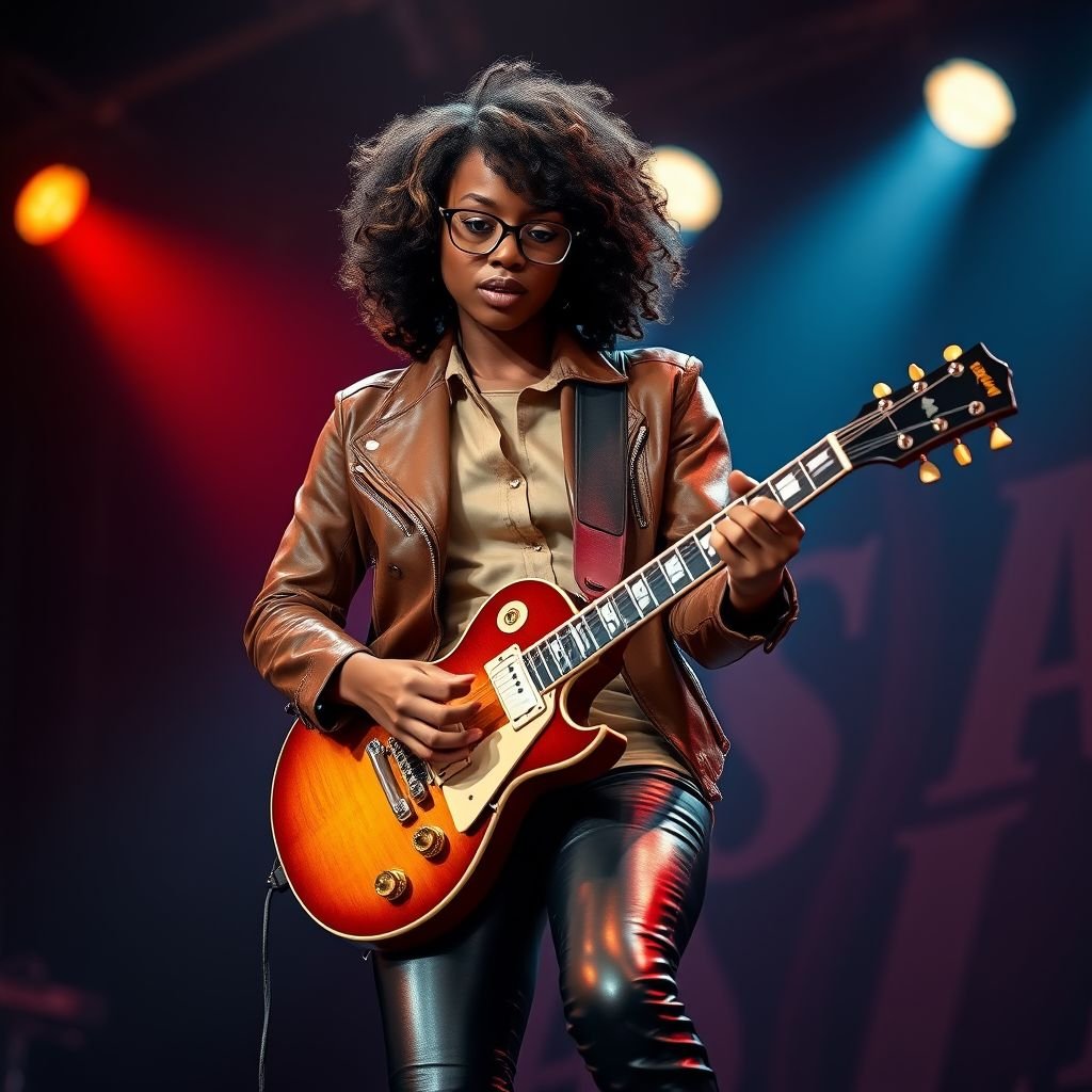 18 year old African American female wearing glasses wearing a brown leather jacket and a tan shirt with shoulder length curly hair in a side part style with highlights playing a Les Paul style guitar wearing black leather pants and leather boots on a stage