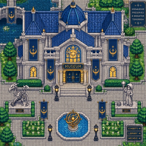 Mythical museum for a fantasy game set in modern times, exterior, top-down style,