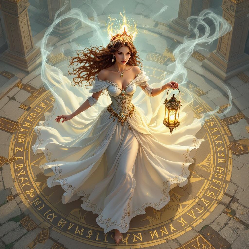 top view, battle map view, aerial view, woman, fancy dress, crown, holding a lantern