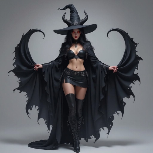 sexy shadow demon witch gypsy slate grey skin large black billowing cloak that emits darkness and shadow. Two piece. Witches Hat. Two Demon horns
