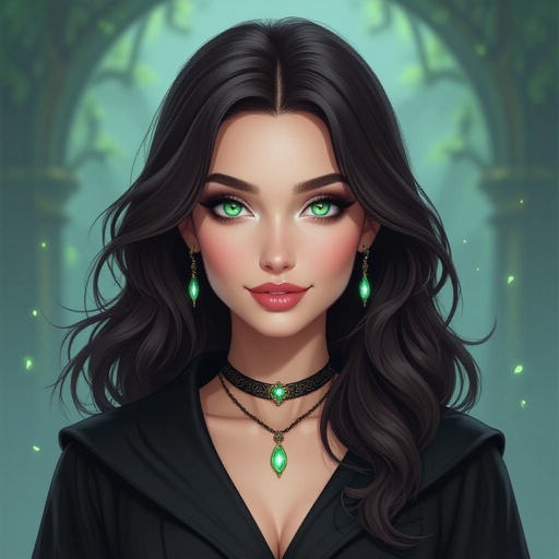 Kobieta o ciemobrązowych włosach do pasa, jasnych zielononiebieskich oczach, pełny makijaż. Ubrana na czarno. człowiek. Uśmiechnięta, ale mroczna.

