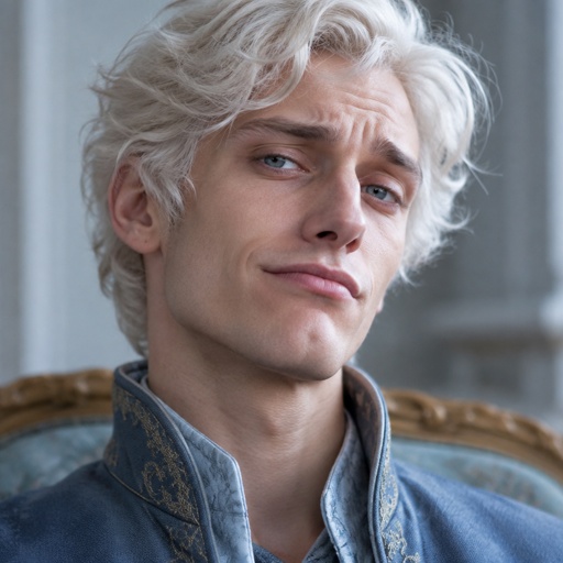 Male, fluffy white hair, big blue eyes, long smile, snobby, wears blue, whiny,