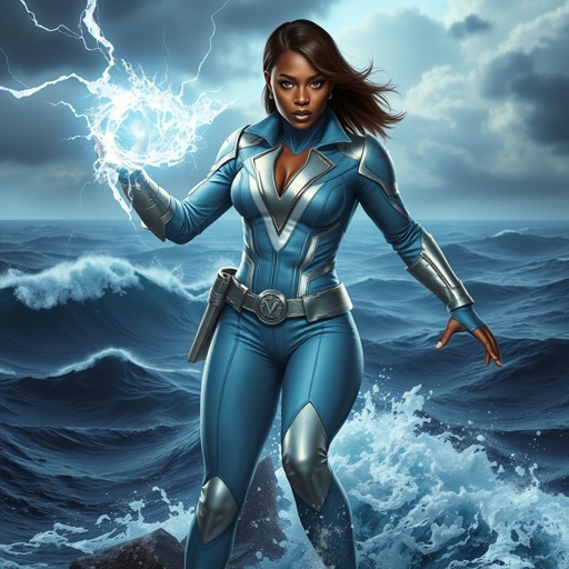 African American female superhero with hair in a shoulder length side part hairstyle with pure Gold eyes wearing a leather slightly armored light blue white and silver suit with light blue pants and silver boots and a V as her chest emblem controlling a storm in the Pacific Ocean
