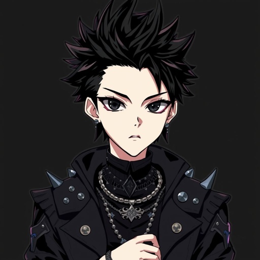 Create a teenage goth boy who has black hair, black eyes, pale skin and his attire is black.