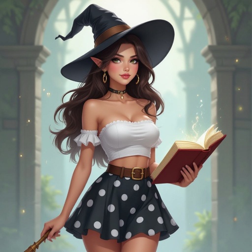 Tight Black and White Polka Dot Miniskirt Elf Witch Librarian with Brunette Hair. Tight white tube too and witches hat 