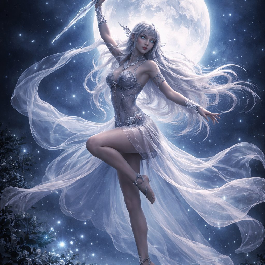 an elegant grayish-blue skinned elf woman dancing beneath a glowing full moon. She has long flowing silver-white hair, luminous pale blue eyes, and elongated ears. Her expression is serene and powerful. She is mid-dance, one leg lifted gracefully, body arched in a fluid, balletic pose. She holds a slender ornate sword raised above her head, the blade catching moonlight. She wears thin almost transparent robes that hug her body. Her long white hair flows around her. Behind her is a large radiant full moon with subtle craters, surrounded by soft stars and magical sparkles. Her hair and fabric trail in long curling shapes, creating a sense of motion and grace. At her feet are small plants and leaves, slightly glowing in moonlight.