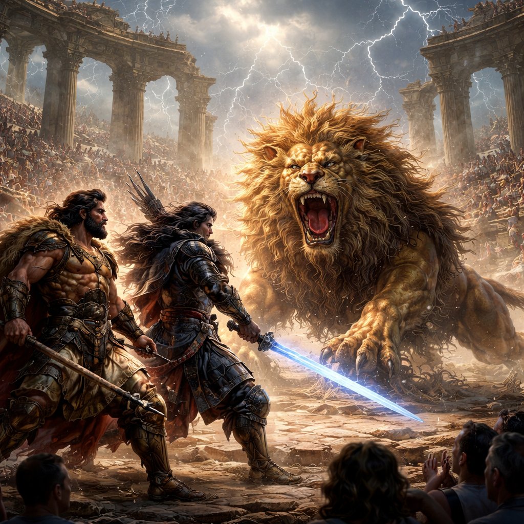 Hercules and Susanoo led trial in an amphitheater with broken pillars again the nemean lion