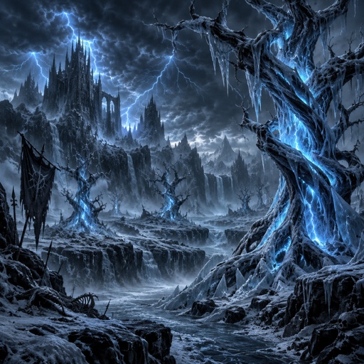blue lightning storm in a ice waste land, lightning trapped in a ice tree formation