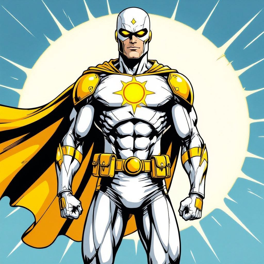 Solar Soldier Super Hero. Half Helm. Capeless Beltless. bright Whites and yellows, slender but muscular, insignia of the scientific symbol of the sun on his chest