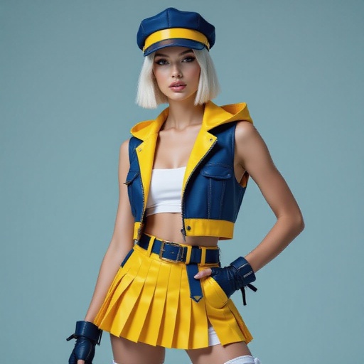 A stylish young woman with platinum blonde bob-cut hair, wearing a sleek indigo and yellow outfit inspired by futuristic street fashion. She wears a fitted indigo cap with a bold yellow band, a sleeveless indigo and yellow hooded vest left open to reveal a low-cut white tube top. Her yellow pleated mini skirt has indigo accents and a matching belt. She also wears white torn thigh-high leggings and tall black lace-up combat heel boots. The lighting is studio-bright with a clean background, emphasizing her confident pose and the sharp contrast of the outfit colors.