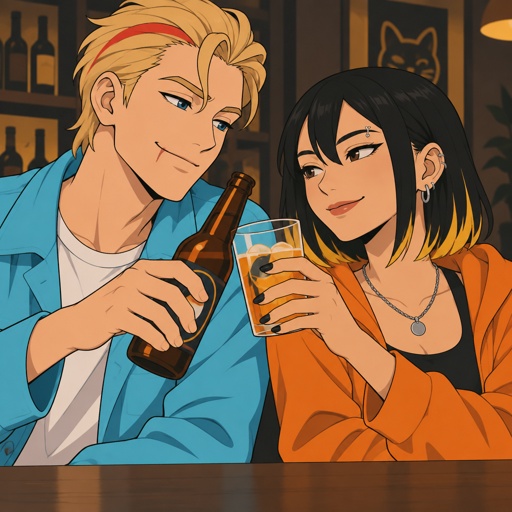 Male, blonde greased brushed back hair, curl on forehead, red streak in hair, scar on lip, blue eyes, slim, designer, cyan casual clothes, drinking with an Asian female with straight black neck length hair, yellow tips, side bangs on one side, eyebrow piercing, under eye mascara, ear piercing, orange clothes 