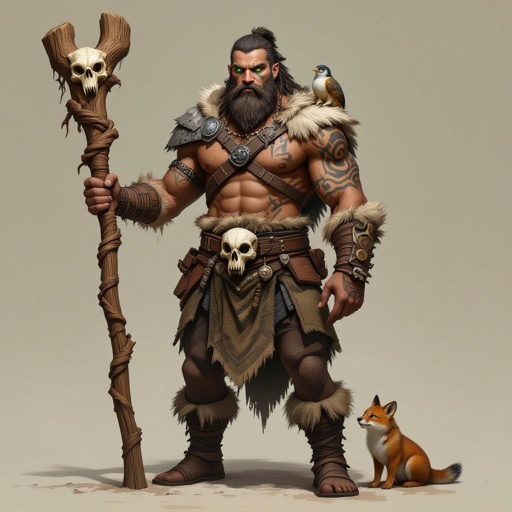 Kael the Beastbound – A rugged, broad-shouldered man with brown skin and a rough beard, wearing armor made from bone and leather. deep green eyes tattoos of animal tracks spiral down his arms. He carries a massive wooden staff carved with the shapes of beasts, and small creatures often perch on his shoulders or follow at his feet.
