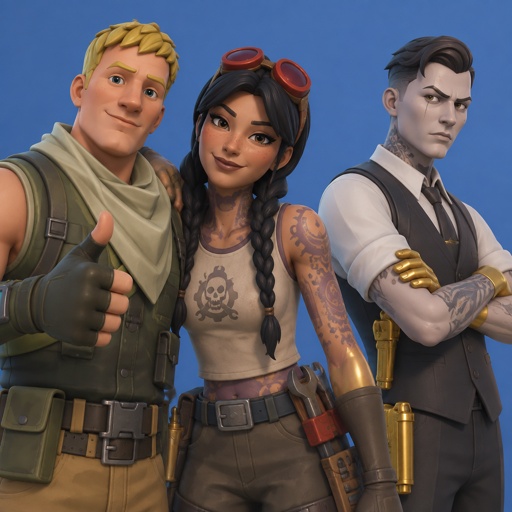 Jones from Fortnite, Jules from Fortnite, arm around shoulder, Midas from Fortnite arms crossed angry