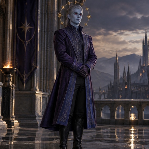 Male, short silver brushed back hair pointy, light blue skin, completely full red eyes, halo of gold stars surrounding head, purple long coat buttoned up, purple shirt and collar, shirt sleeves over palms, tall boots, black pants, blue details on clothes