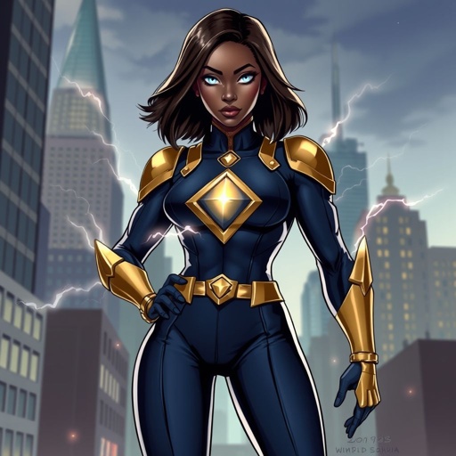 African American female superhero with hair in a shoulder length side part hairstyle with pure silver Glowing eyes wearing a leather slightly armored navy blue and gold suit with navy blue pants and gold boots with a diamond with the top half gold and the bottom half black her chest emblem with tendrils made of lightning coming out of her back in Philadelphia