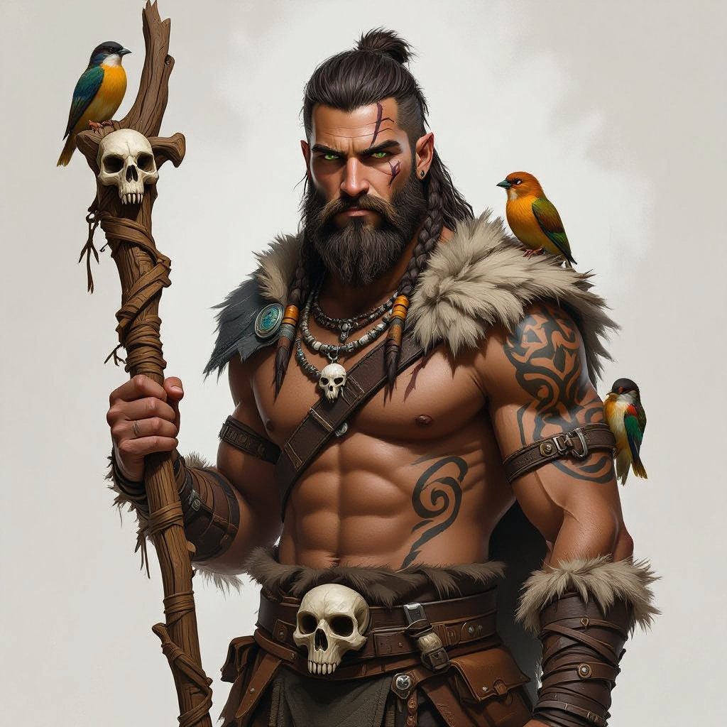 Kael the Beastbound – A rugged, broad-shouldered man with brown skin and a rough beard, wearing armor made from bone and leather. deep green eyes tattoos of animal tracks spiral down his arms. He carries a massive wooden staff carved with the shapes of beasts, and small creatures often perch on his shoulders or follow at his feet.