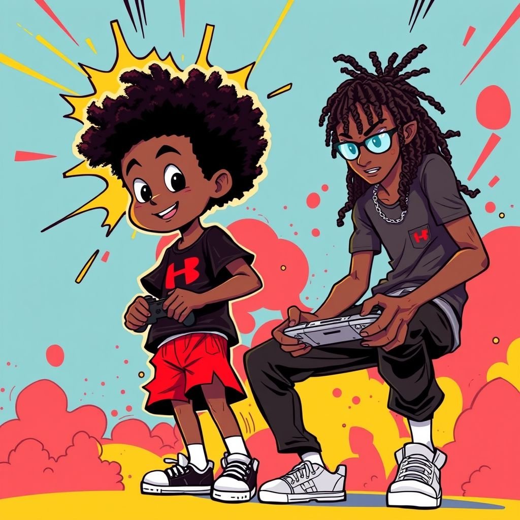 Young 12 year old dark skin boy with a mini Afro with black T shirt on with red shorts sitting next to a 19 year old boy with white T-shirt on and a black pat of pans and white socks on with black mini dreads holding controller