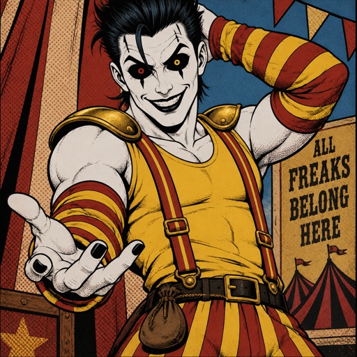 Male, white painted skin, black slick spiked back hair, one hair strand on forehead, completely black eyes, one red one yellow pupil, one black spike under eyes, black lines above lines under eyebrows, big smile, sleeveless yellow shirt, red suspenders with yellow stripes baggy, red and yellow striped arm warmers, gold shoulder pads, small brown sack attached to belt, posing