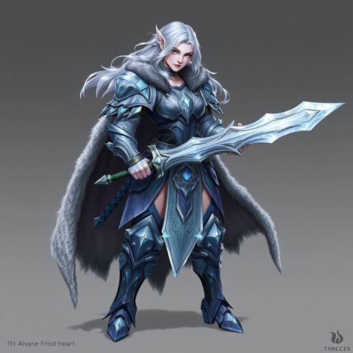 Create a battle woman hero called Alvara the Frostheart. Show full body head to toe including shoes
