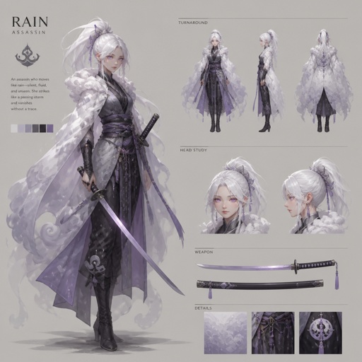 assassin based on clouds, name rain, pearl white hair, pearl purple eyes, cloud cape, katana