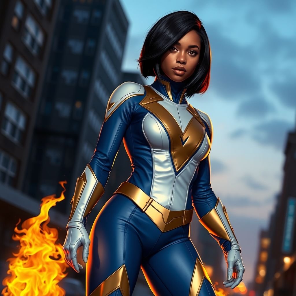 African American female superhero with shoulder length hair in a side part style and  wearing a homemade  white blue and gold suit with blue pants with a stylized V as her chest emblem wearing gold flat boots  made of gold fire standing in Philadelphia at dusk