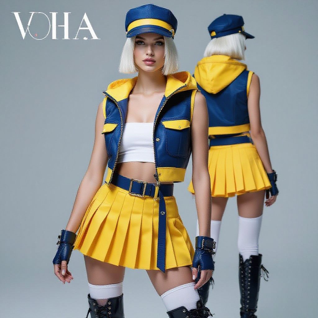 A stylish young woman with platinum blonde bob-cut hair, wearing a sleek indigo and yellow outfit inspired by futuristic street fashion. She wears a fitted indigo cap with a bold yellow band, a sleeveless indigo and yellow hooded vest left open to reveal a low-cut white tube top. Her yellow pleated mini skirt has indigo accents and a matching belt. She also wears white torn thigh-high leggings and tall black lace-up combat heel boots. The lighting is studio-bright with a clean background, emphasizing her confident pose and the sharp contrast of the outfit colors.