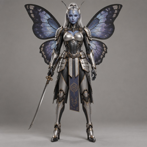 A gorgeous alien butterfly woman in a futuristic space samurai armor. Show whole body. 