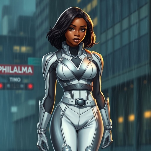 A teenage African American female superhero with hair in a shoulder length side part style wearing a slightly armored white and silver suit with a stylized V as her chest emblem a utility belt and silver boots standing in Philadelphia during a rain storm