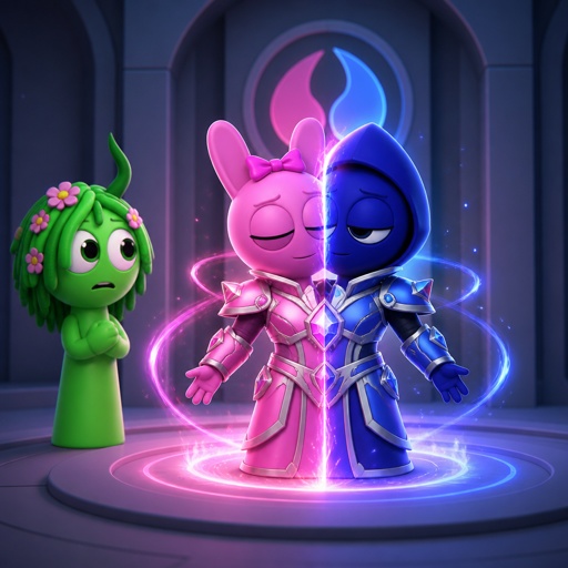 Vineria from Sprunki watching Pinki from Sprunki as Elita One merged with Jevin from Sprunki upgrading the twos shared armour to be more powerful and more durable 