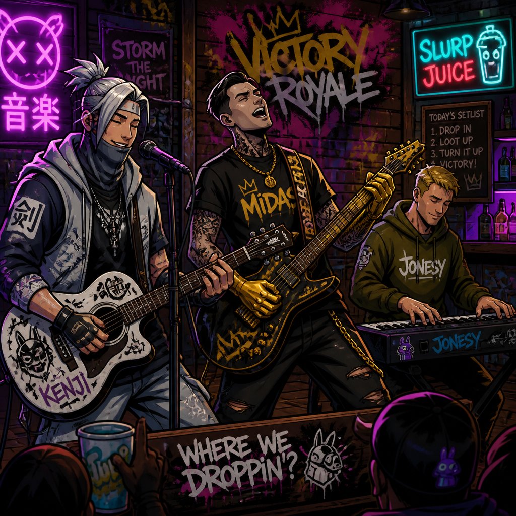 Kenji from brawl stars and Midas cool outfit and Jonesy Fortnite with cool clothes Kenji singing guitar Jonesy playing electric piano and Midas playing the guitar at bar Midas extremely singing Jonesy action Kenji smiling Midas with awesome cool rock n roll clothes