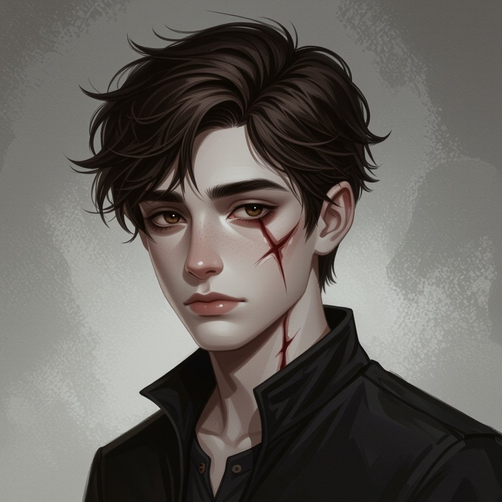 Dark Mysterious teen boy with dark brown hair brown eyes and with a dark past with face scar