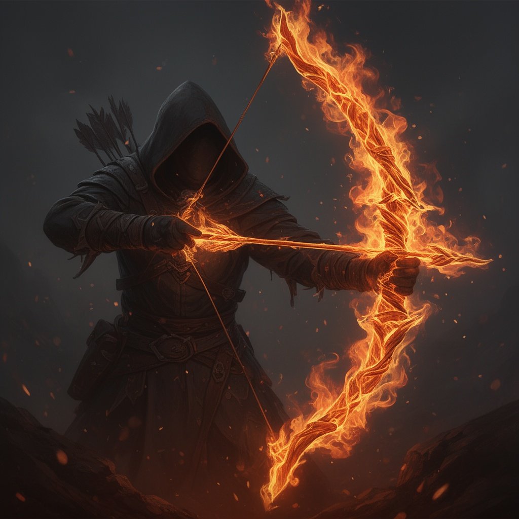 A hooded flame archer with a bow made out of fire