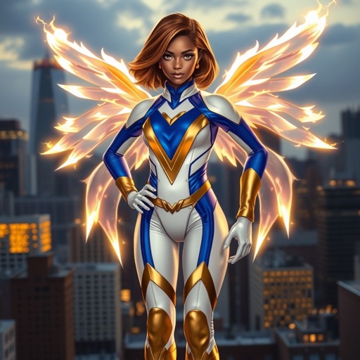 A teenage African American female superhero with brown hair with gold highlights in a shoulder length side part hairstyle with pure Gold Glowing eyes wearing a white suit with gold and royal blue with white pants and gold and white knee length boots with a utility belt with a gold V as her chest emblem with glowing wings made of white fire in Philadelphia