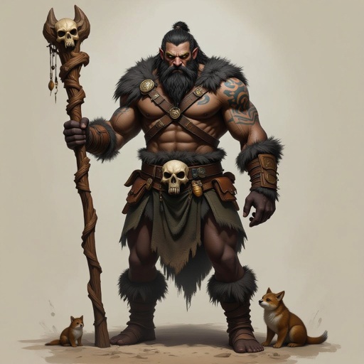 Kael the Beastbound – A rugged, broad-shouldered man with black skin and a rough beard, wearing armor made from bone and leather. deep green eyes tattoos of animal tracks spiral down his arms. He carries a massive wooden staff carved with the shapes of beasts, and small creatures often perch on his shoulders or follow at his feet.