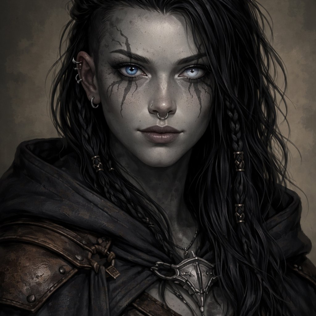 A female goliath from dnd with grey skin, the right eye is dark blue and the left is completely fogged over she is blind in the left eye. Her har is black and she is a rouge. She has two tattoos that start at a point under her eyes and goes into her hairline. She is 20 and wears a bit more clothes, she is probably wearing a cloak but the hood is not up and she looks androgynous